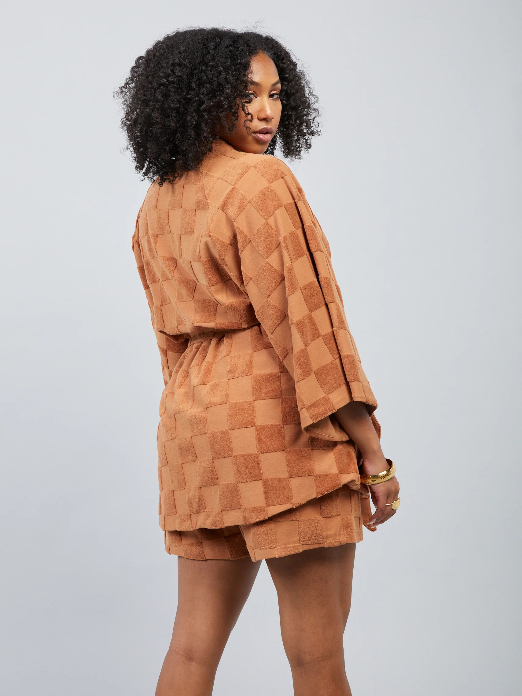 Estelle Terrycloth Check Robe - Caramel - Image 3