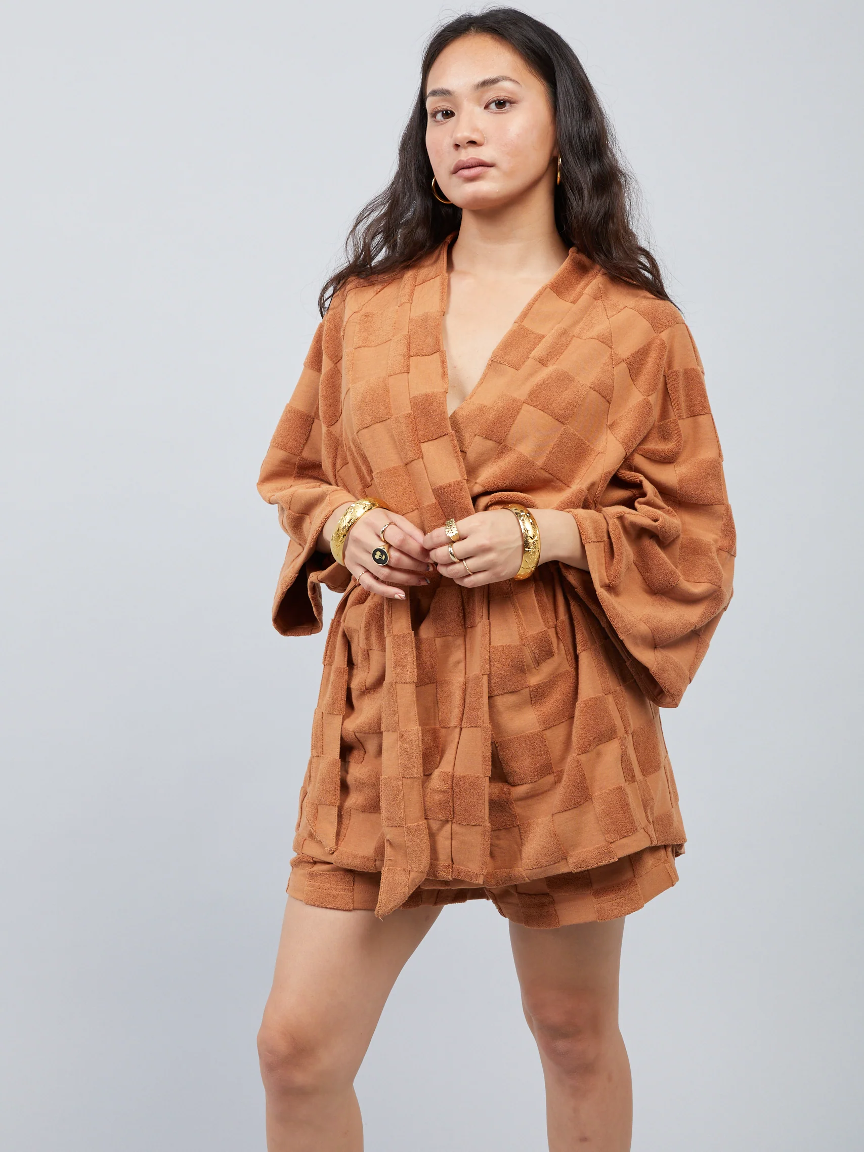 Estelle Terrycloth Check Robe - Caramel - Image 5