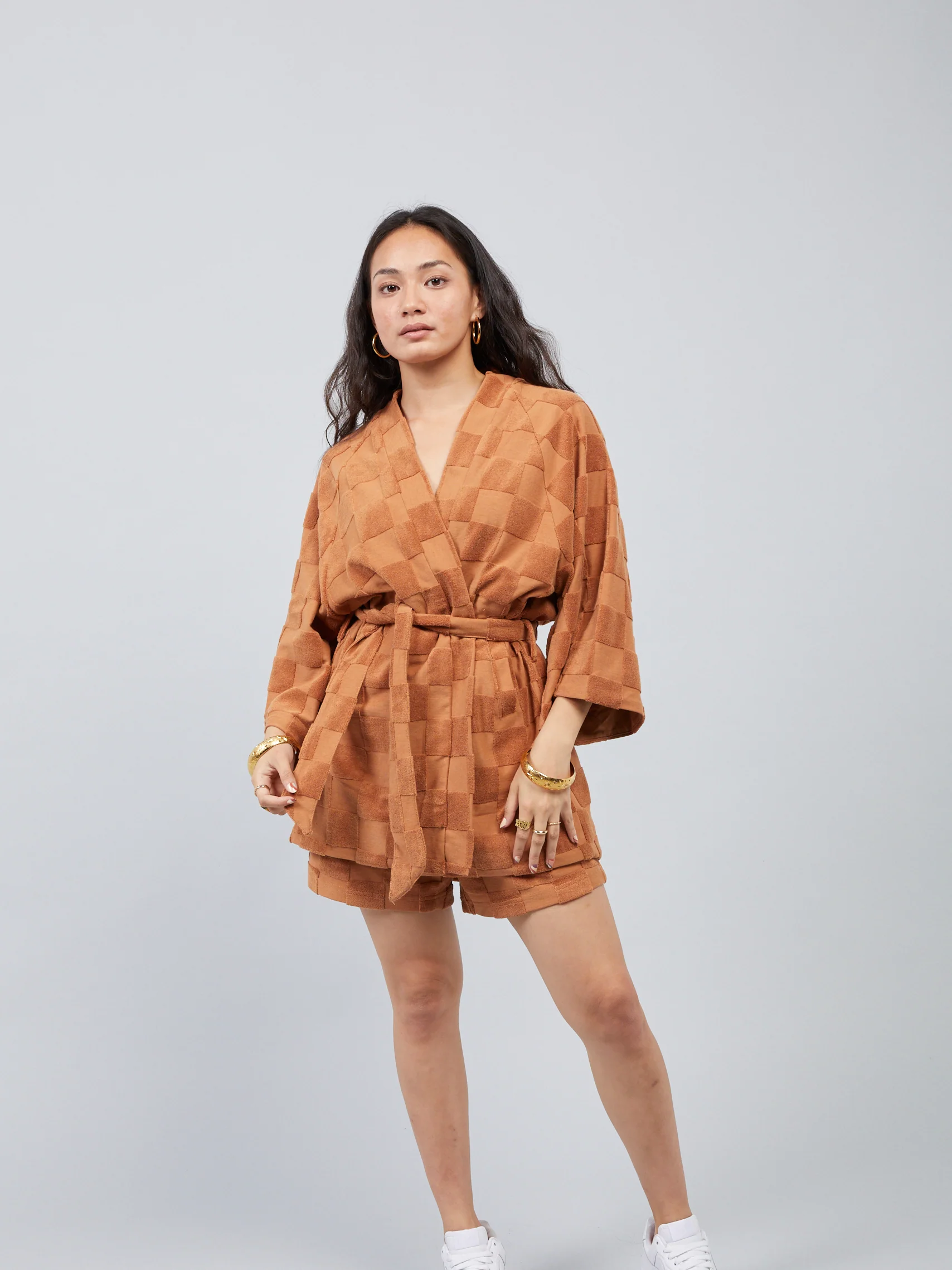 Estelle Terrycloth Check Robe - Caramel - Image 6