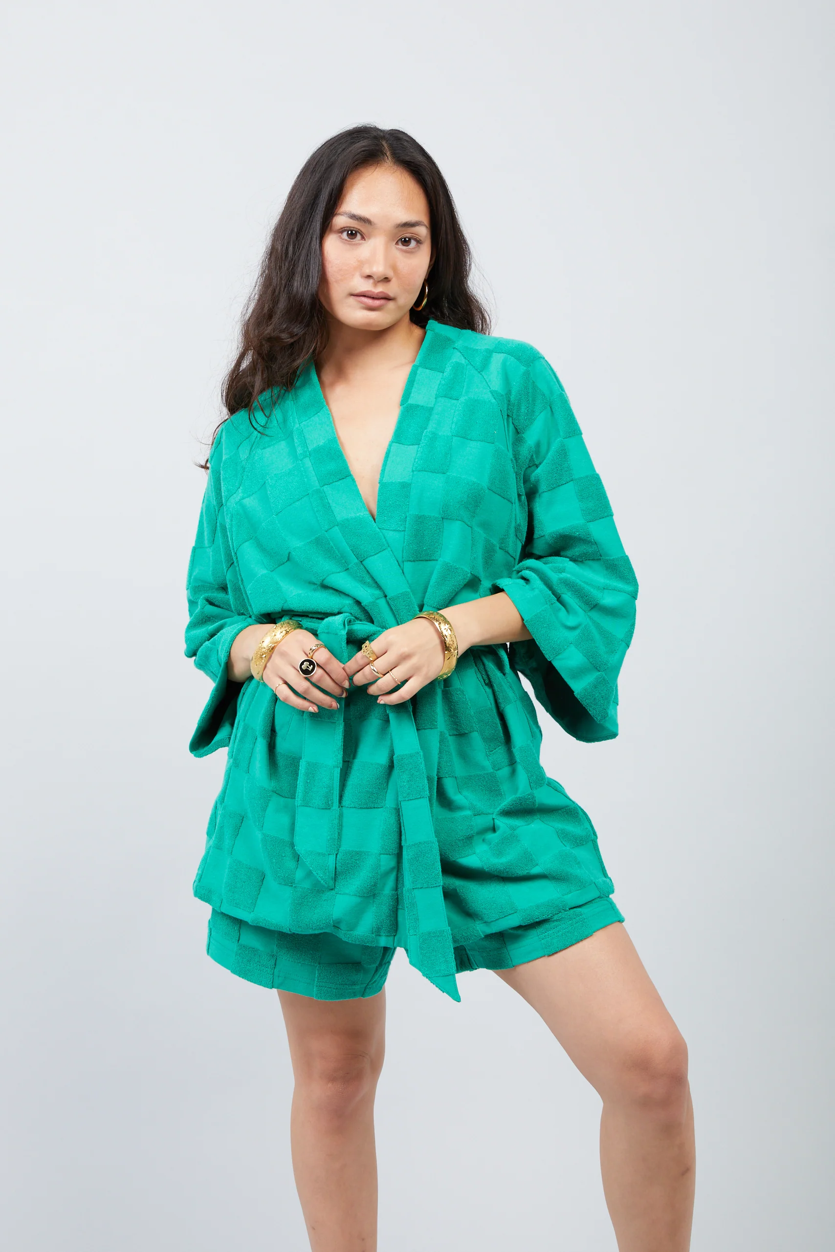 Estelle Terrycloth Check Robe - Kelly Green - Image 3