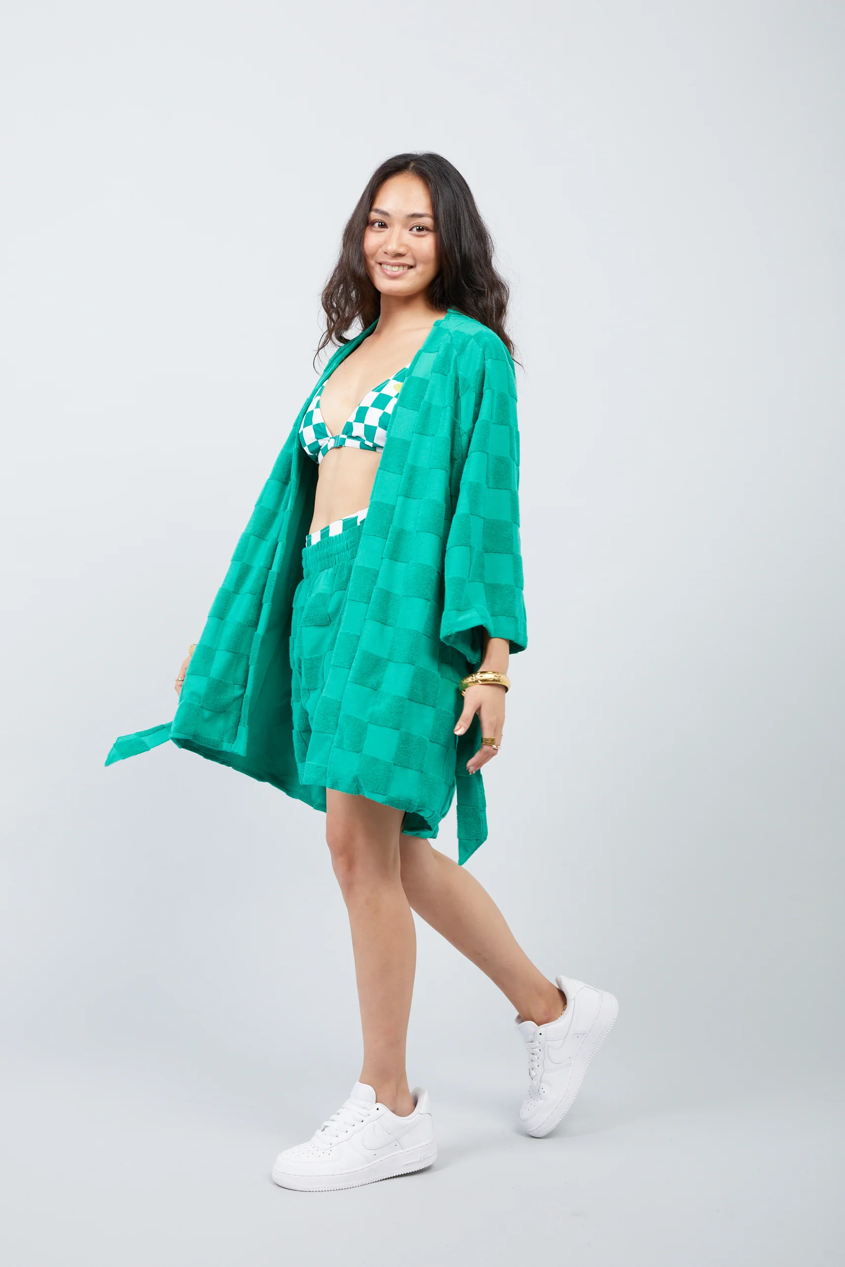 Estelle Terrycloth Check Robe - Kelly Green - Image 4