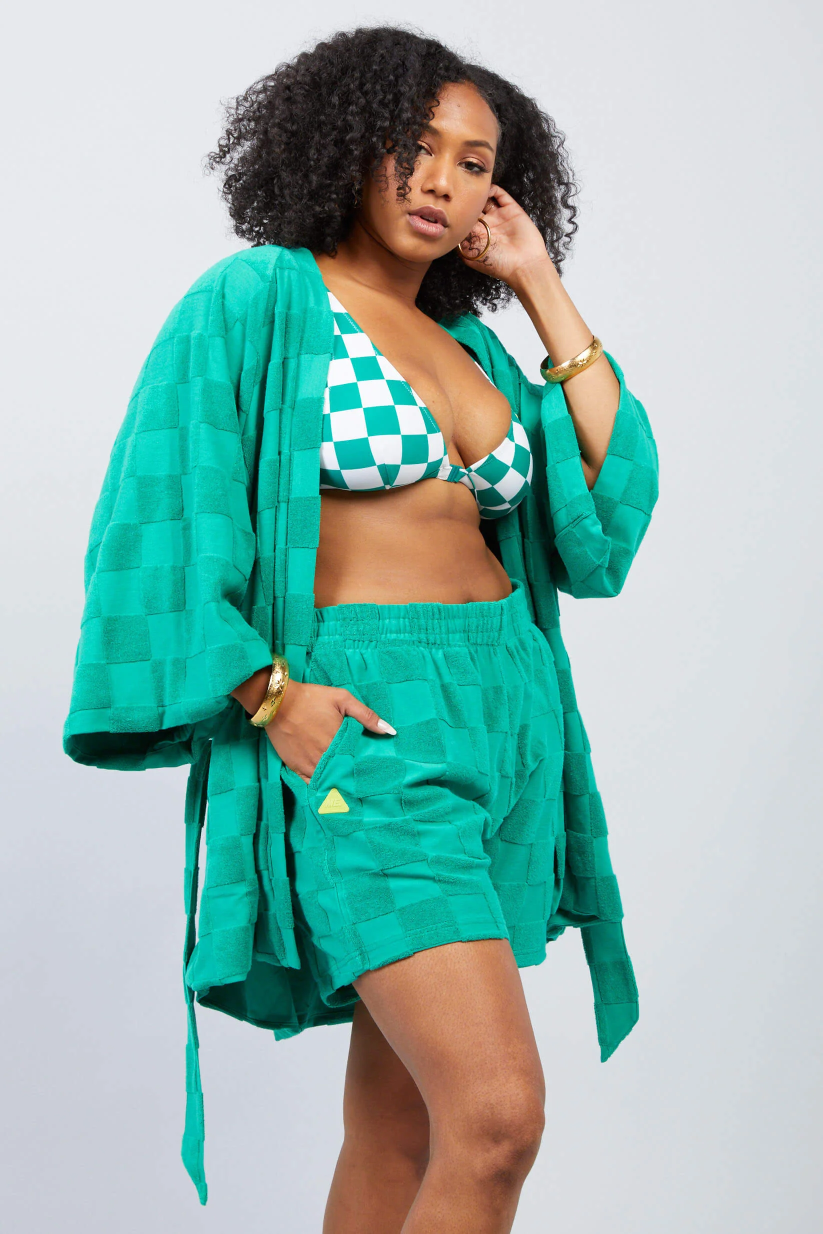 Estelle Terrycloth Check Robe - Kelly Green - Image 5