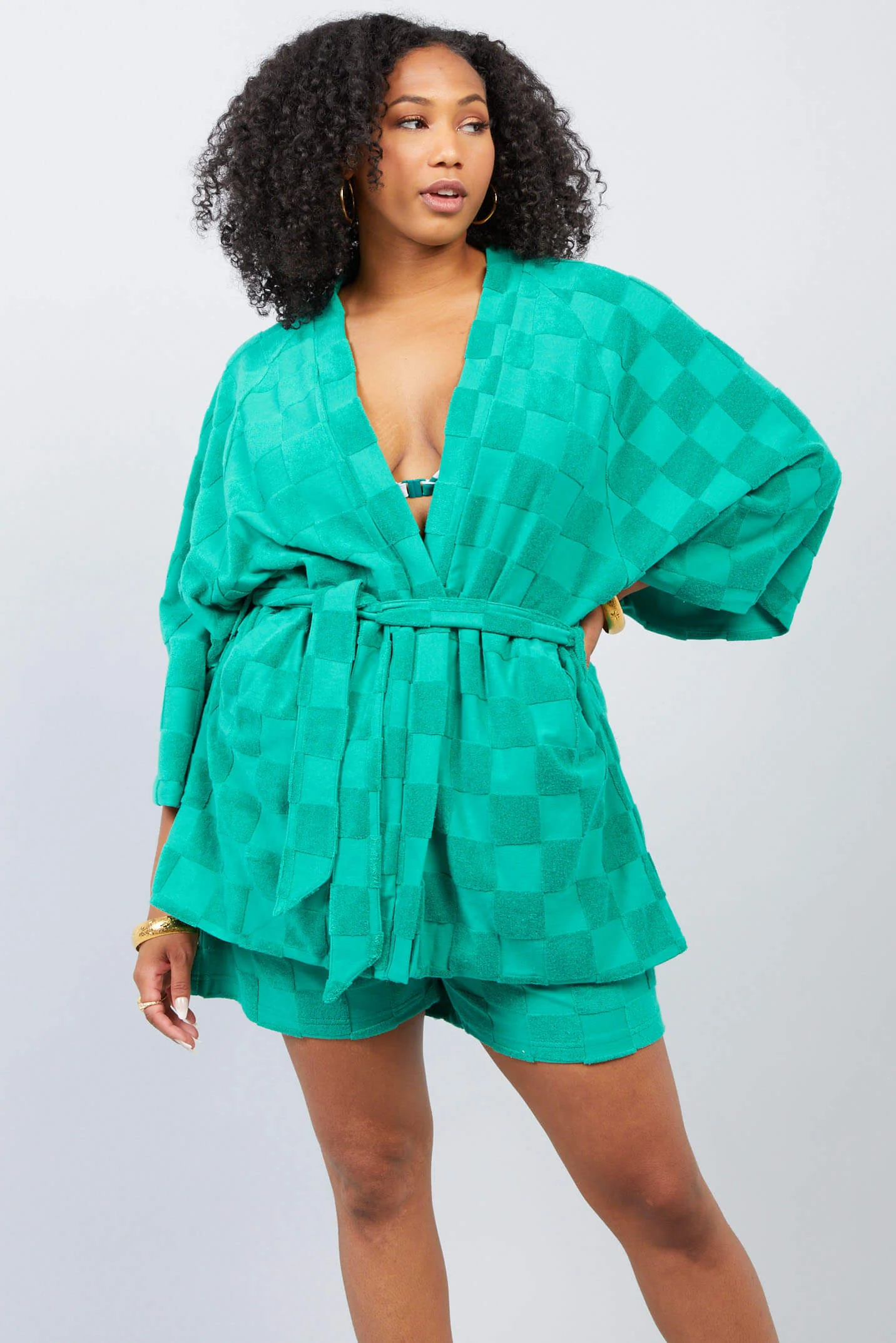 Estelle Terrycloth Check Robe - Kelly Green - Image 6